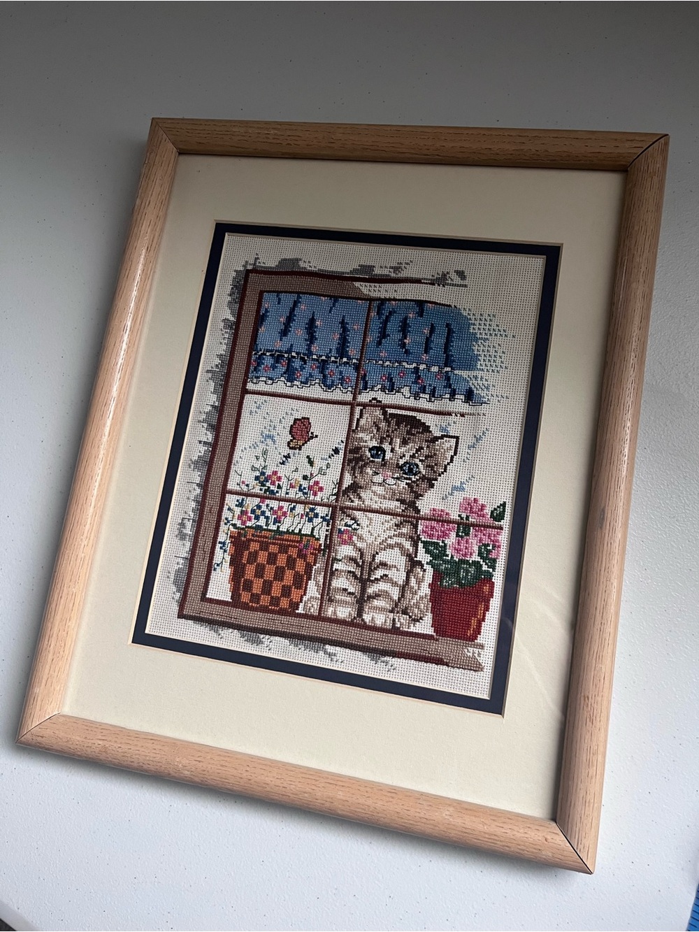 Vintage Whimsy Cat Cross Stitch Art Cottagecore Fairycore Needlepoint Cat Decor - Picture 2 of 7